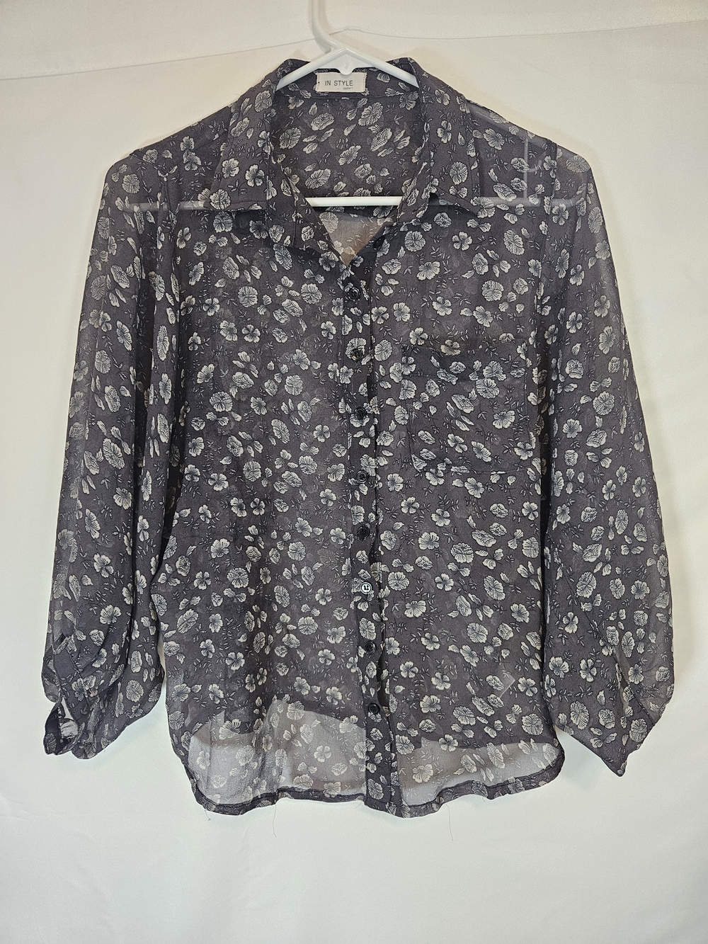 Black Floral Sheer Button-Down Blouse by IN STYLE